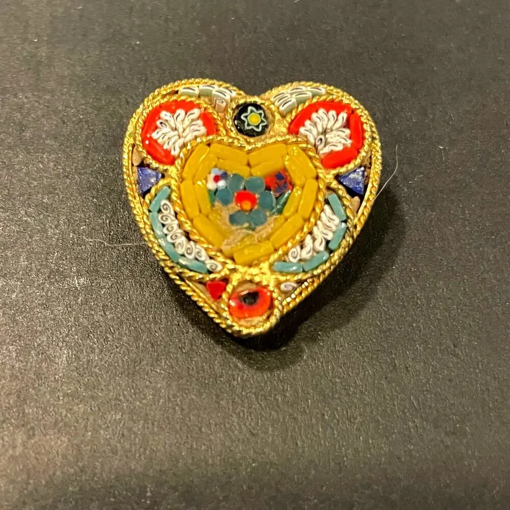 Vintage Italian micro mosaic heart brooch 1970's boho gold tone pin jewelry